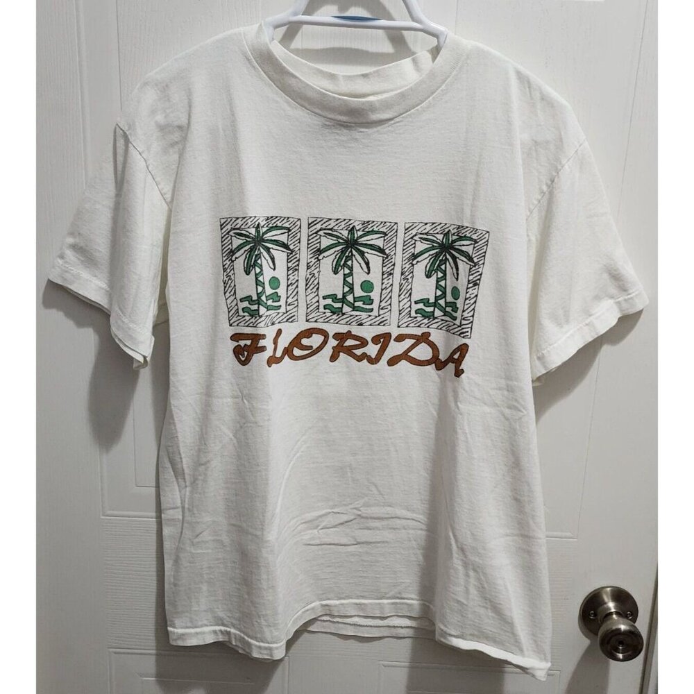 1990’s VTG White Florida Beach Palm Trees Single Stitch T‎ Shirt Size Youth XL